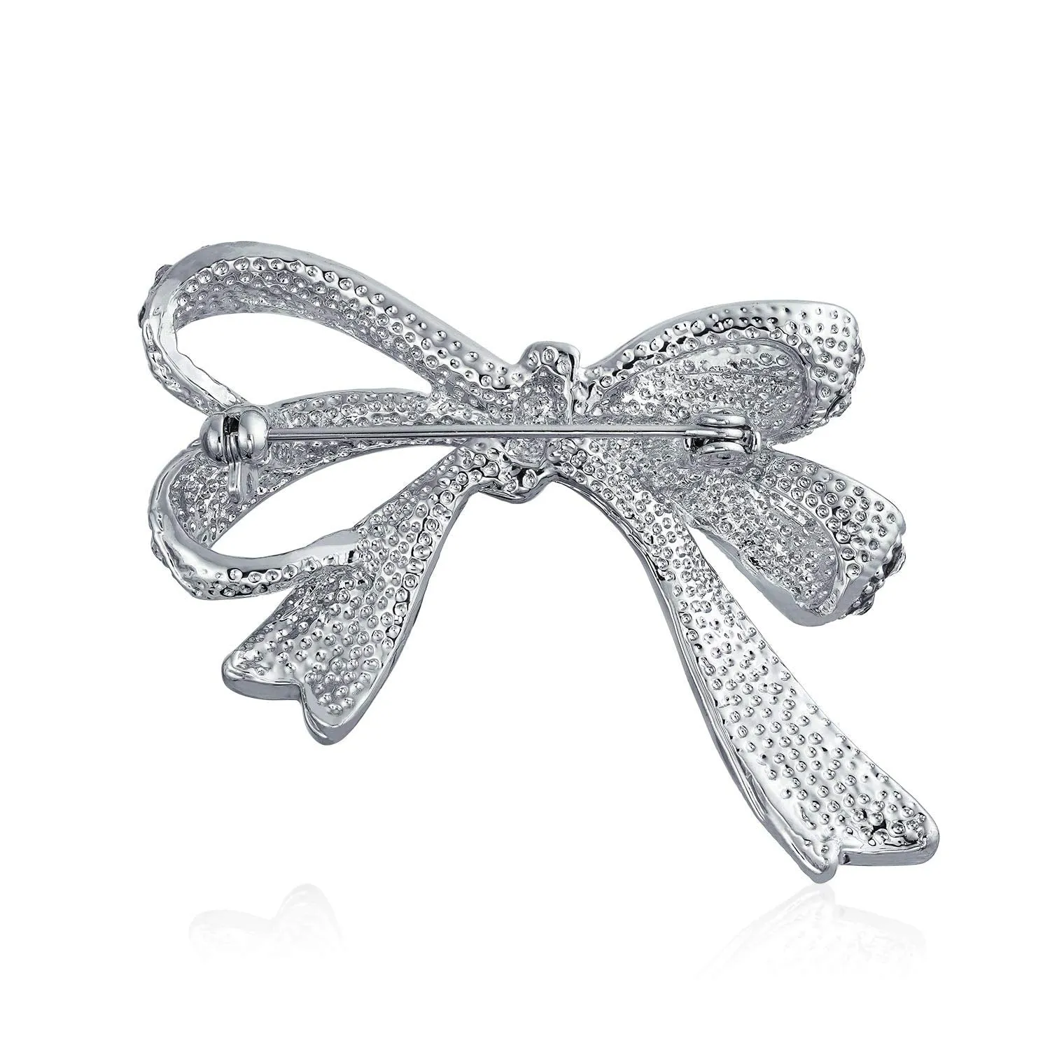 Winter Wedding White Crystal Bridal Statement Ribbon Bow Brooche Pin Silver Plated