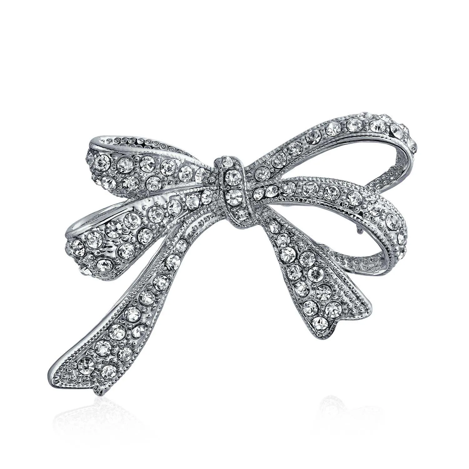 Winter Wedding White Crystal Bridal Statement Ribbon Bow Brooche Pin Silver Plated