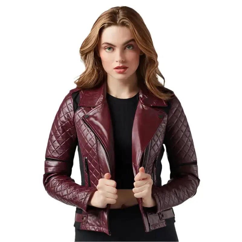 Women's Sleek Maroon Rider Lambskin Leather Jacket - Stylish & Bold
