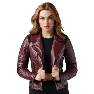 Women's Sleek Maroon Rider Lambskin Leather Jacket - Stylish & Bold