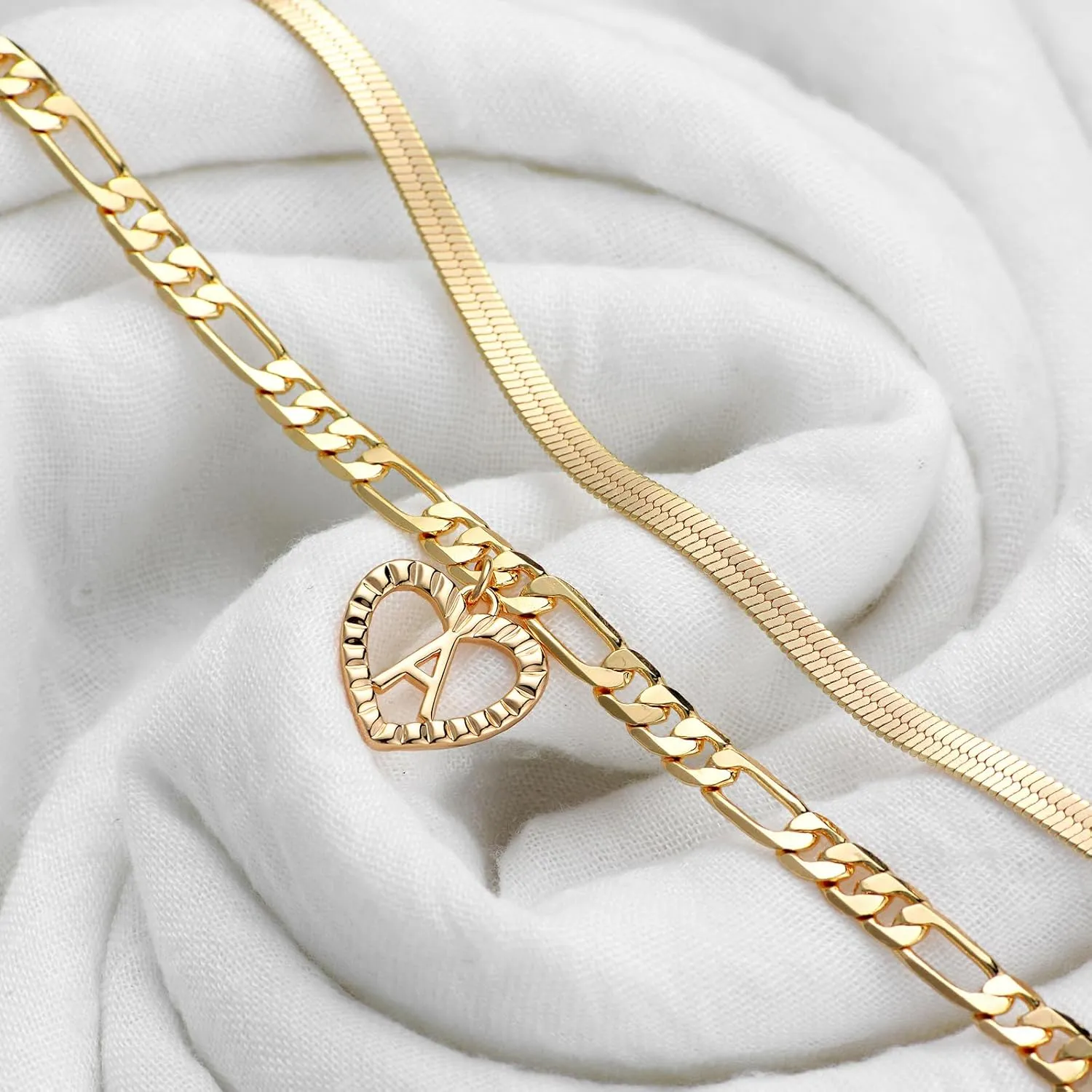 YANODA Gold Ankle Bracelets for Women Waterproof, 14k Gold Plated Layered Snake Anklets Figaro Chain Letter Initial Anklets Handmade Heart Ankle Bracelets Personalized for Women Beach Jewelry Gifts