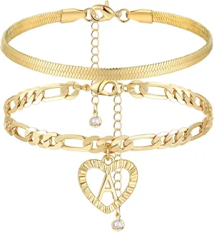 YANODA Gold Ankle Bracelets for Women Waterproof, 14k Gold Plated Layered Snake Anklets Figaro Chain Letter Initial Anklets Handmade Heart Ankle Bracelets Personalized for Women Beach Jewelry Gifts