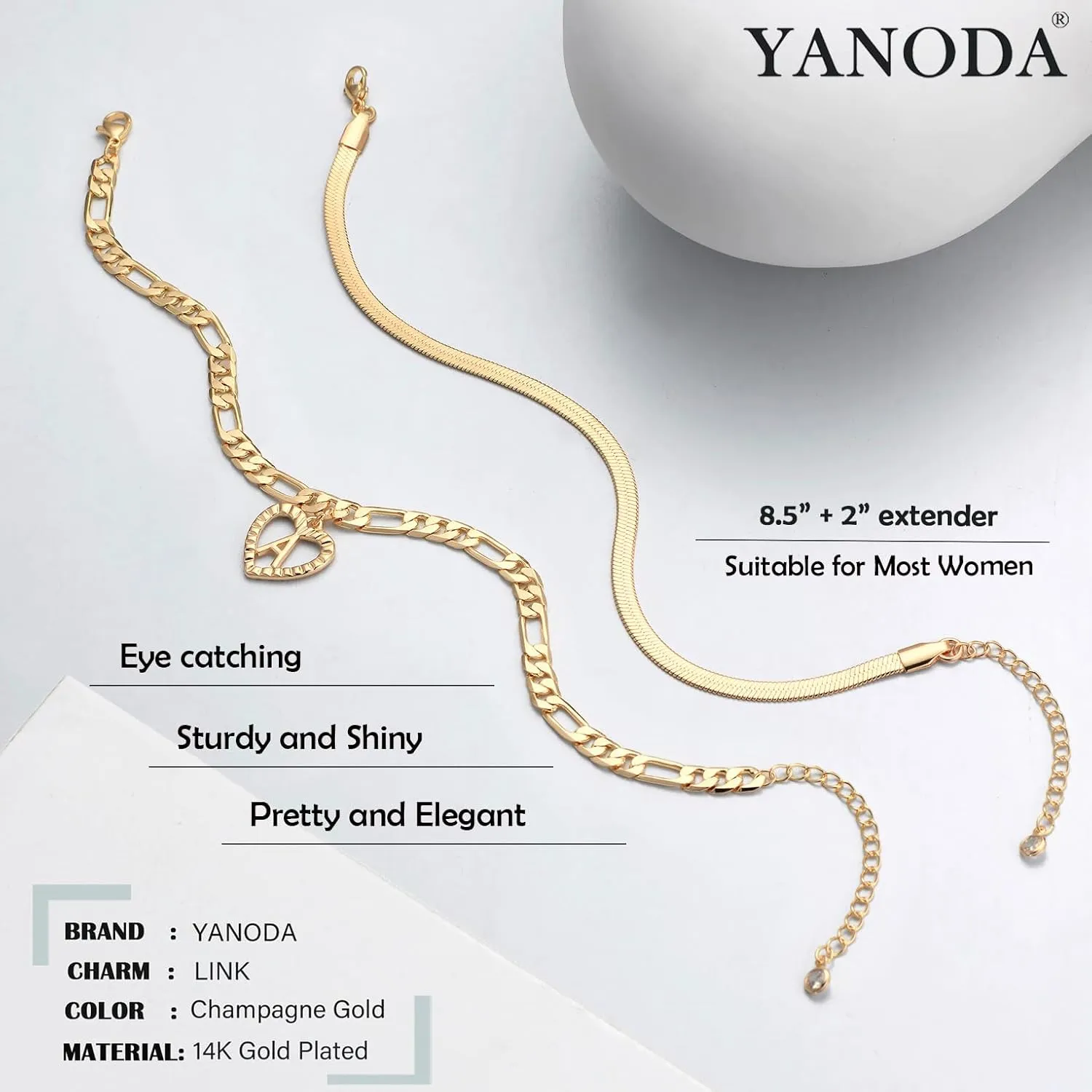 YANODA Gold Ankle Bracelets for Women Waterproof, 14k Gold Plated Layered Snake Anklets Figaro Chain Letter Initial Anklets Handmade Heart Ankle Bracelets Personalized for Women Beach Jewelry Gifts