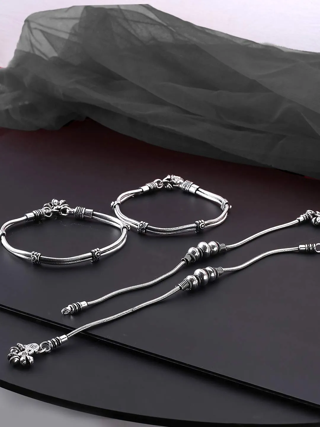 Yellow Chimes Anklets for Women and Girls Traditional Silver Oxidised Anklets for Women | 2 Pairs Combo Chain Payal for Women | Birthday Gift For Girls & Women Anniversary Gift for Wife